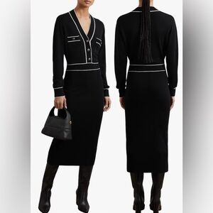 NEW Reiss Lorrie Tipped Long Sleeve Wool & Cashmere Blend Black Sweater Dress M